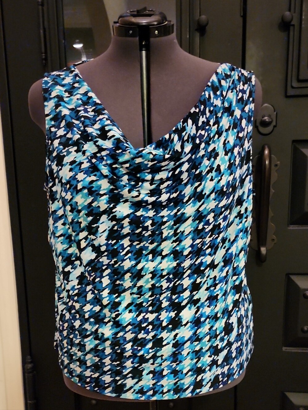 Tahari ASL Blue Multi Cowl Neck Sleeveless Blouse